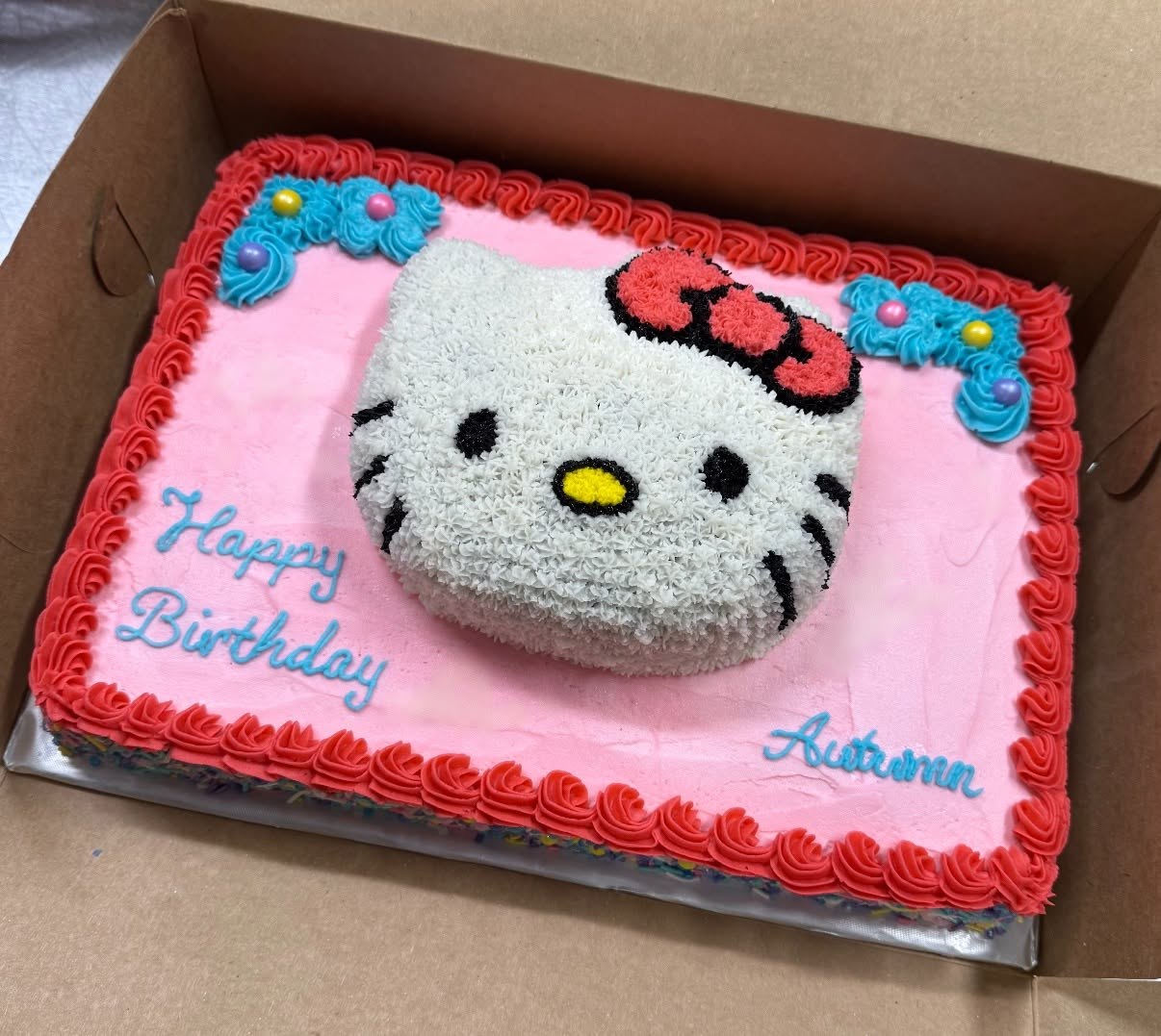 Pink Hello Kitty themed birthday cake